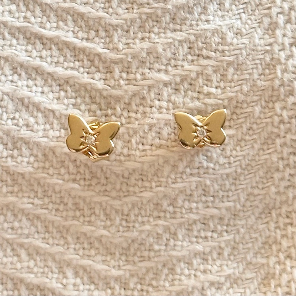 Anzie Jac + Jo 14K Yellow Gold Diamond Butterfly Stud Earrings Pair Dainty